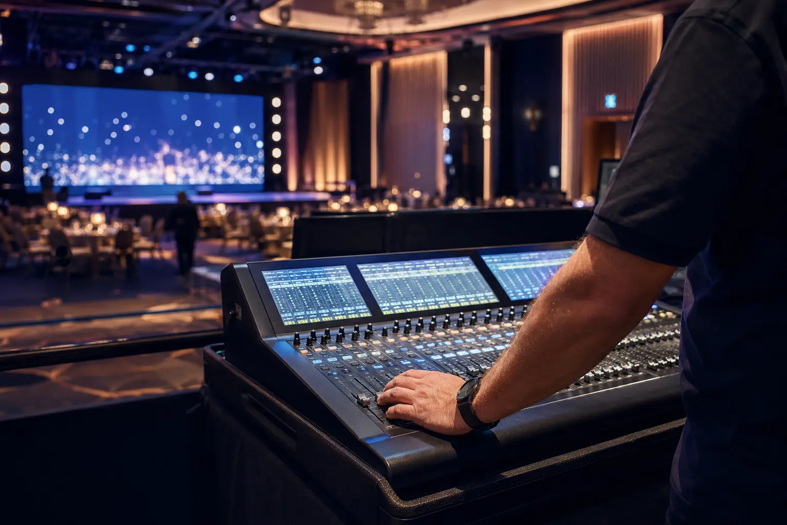 Technicien réglant une console professionnelle avant un événement