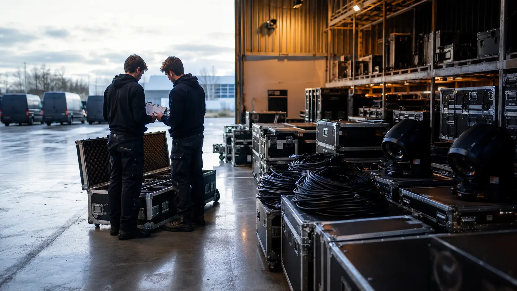 Techniciens préparant des flight cases et du matériel événementiel